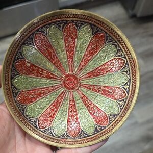 Vintage Brass Colorful Decorative Plate With Stand